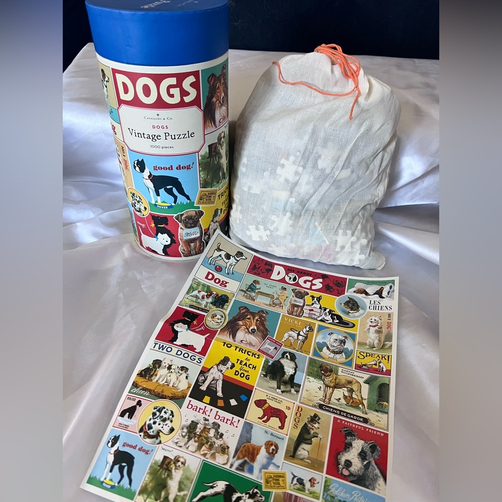 VINTAGE “DOGS” 1000 Piece Puzzle Beautifully Packaged in Cloth Bag & Canister